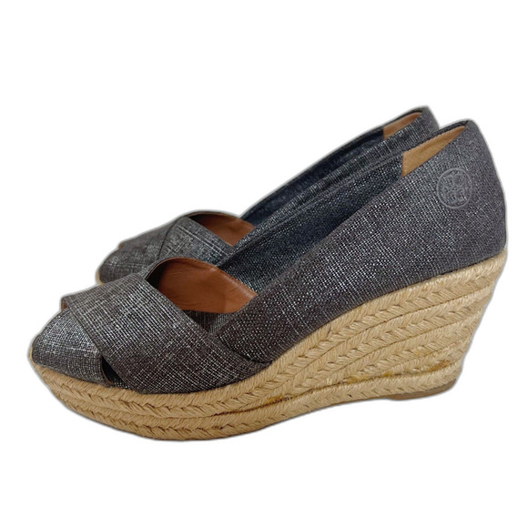 Tory Burch Filipa Canvas Pewter Grey Silver Wedge Espadrille Sandal Size 9 - Picture 7 of 8